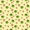 New Year seamless pattern. Isolated cookies, coffee and doodles on a light background.